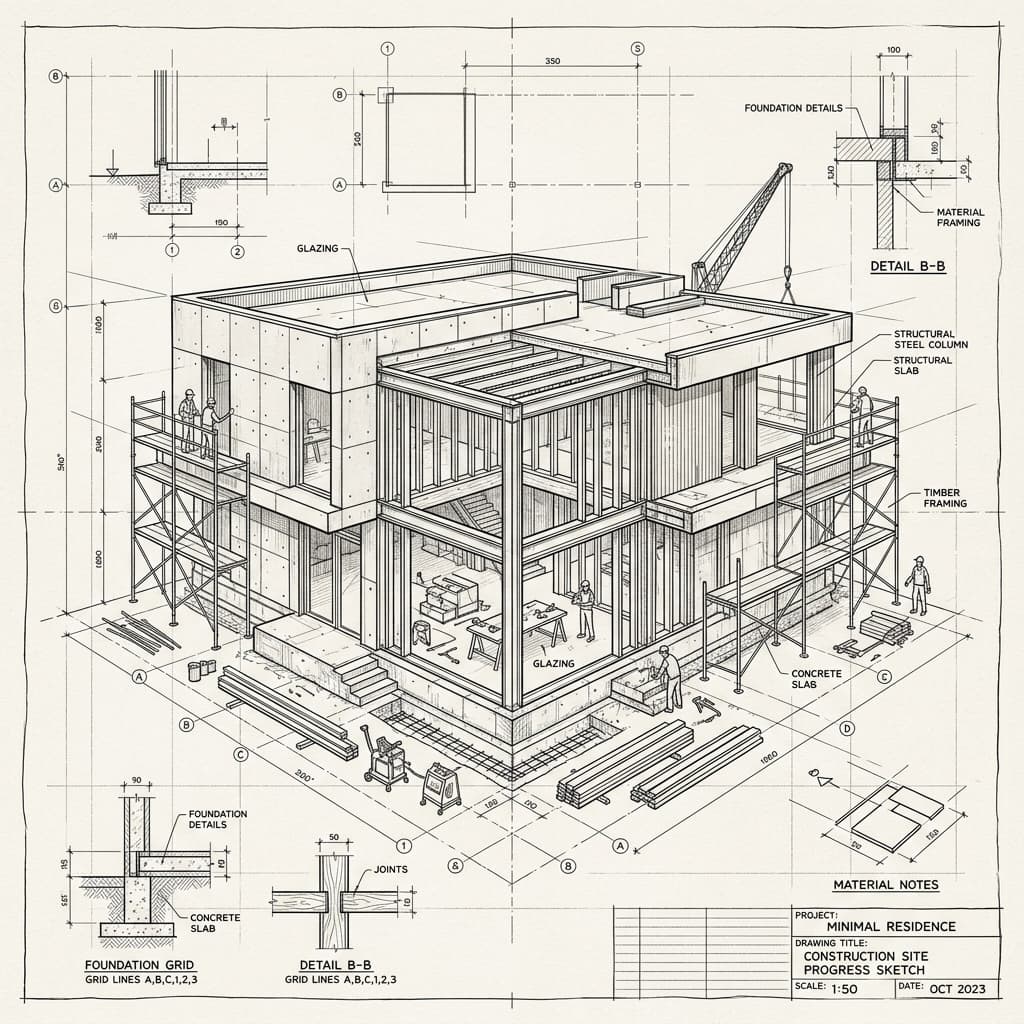 Schiță tehnică arhitecturală a unui proiect rezidențial Gamimar Construct